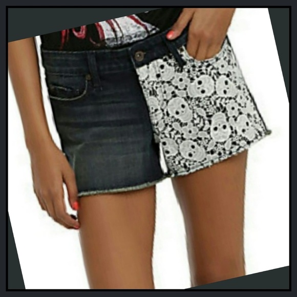 Lovesick Blue Jean Shorts w/ White Crochet Skull Lace Overlay Raw Hem Distressed - Picture 2 of 10